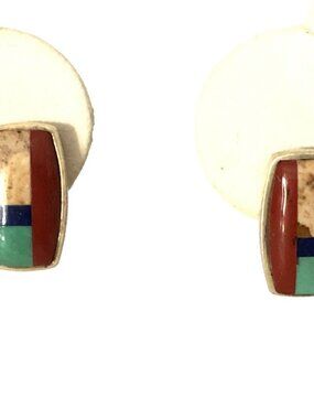 Southwestern Rectangular Geometric Inlay Sterling Silver 925 Post Earrings